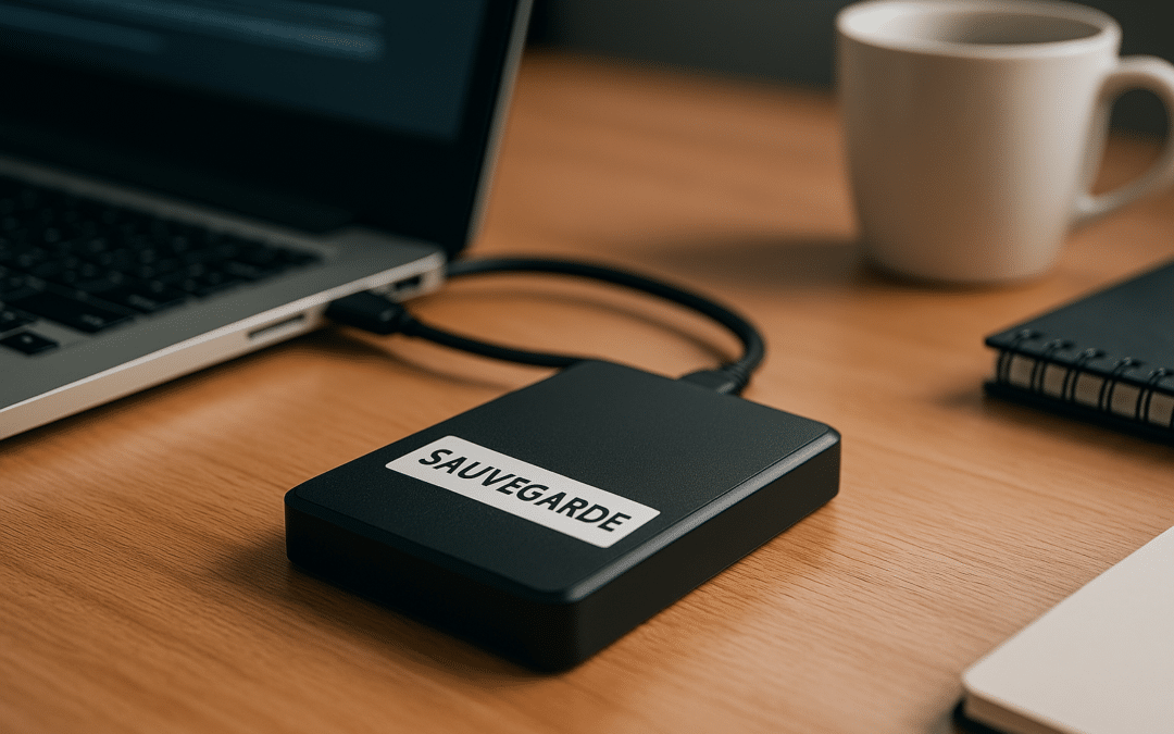 Un disque dur externe étiqueté “Sauvegarde” est branché à un ordinateur portable sur un bureau moderne, symbolisant une méthode de sauvegarde locale fiable.