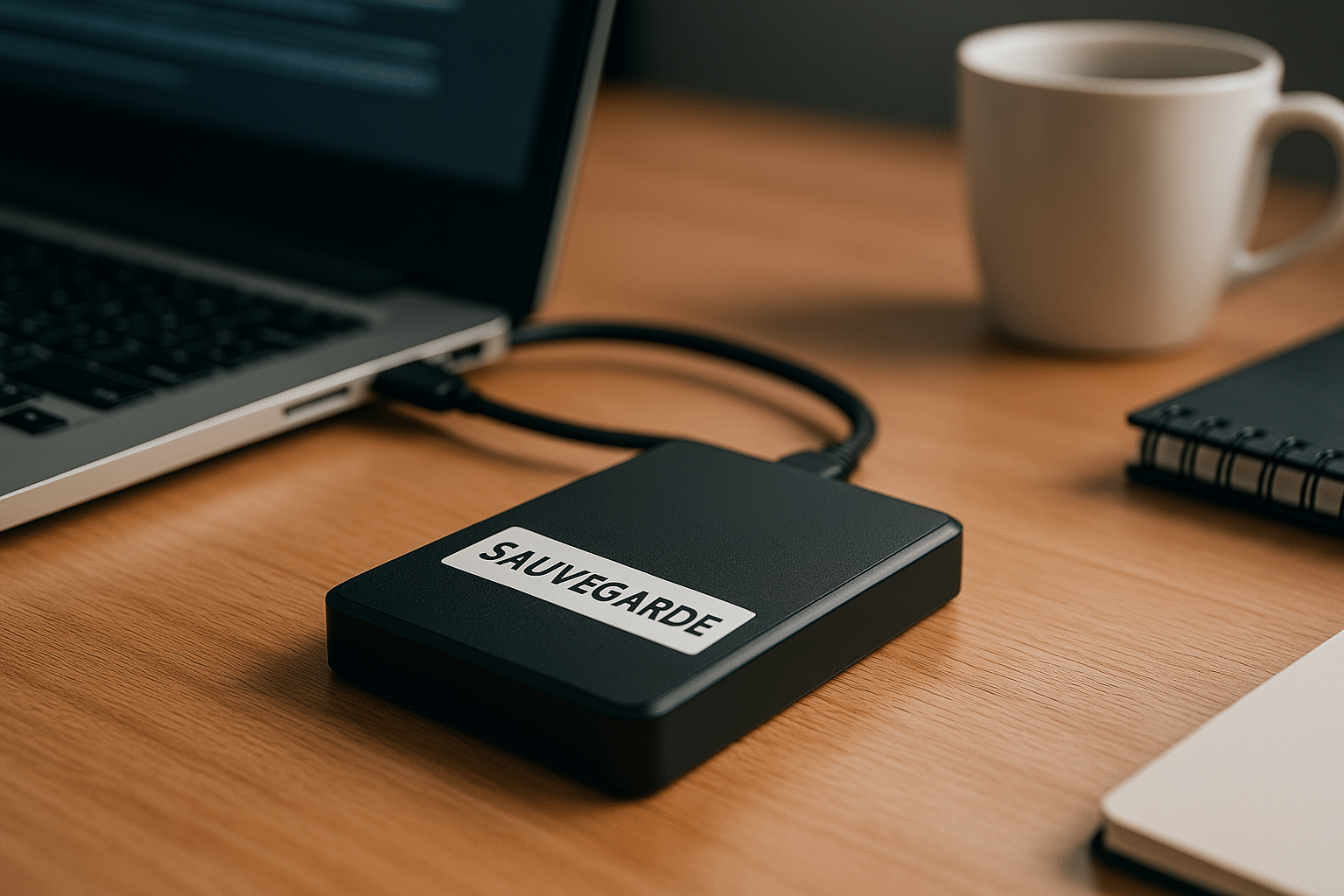 Un disque dur externe étiqueté “Sauvegarde” est branché à un ordinateur portable sur un bureau moderne, symbolisant une méthode de sauvegarde locale fiable.
